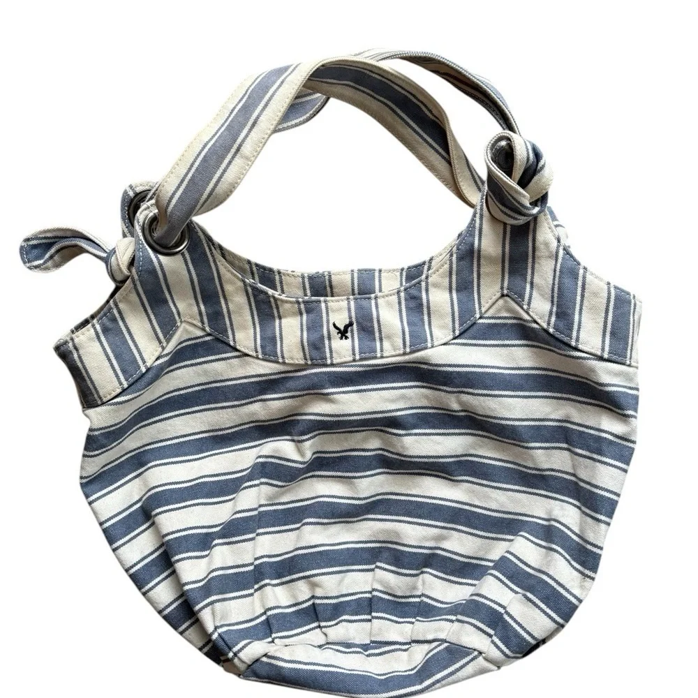 AE Striped Canvas Hobo Slouch Bag Double Knotted Handles Blue White Lined Beach